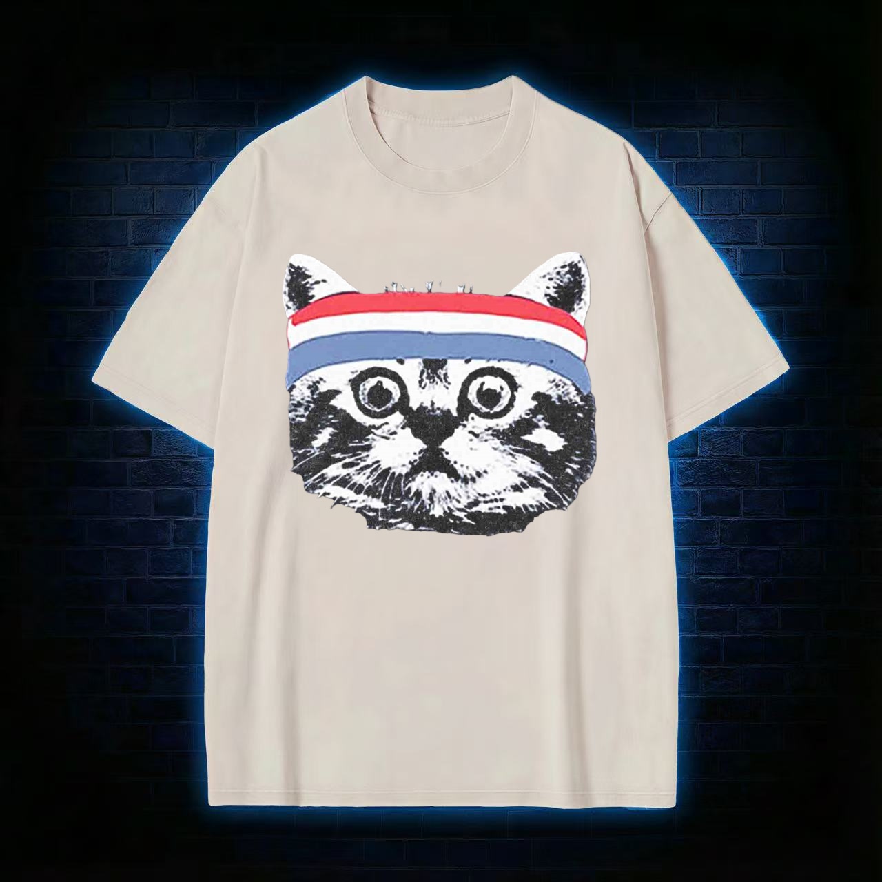 Retro Workout Cat With Headband Washed T-shirt