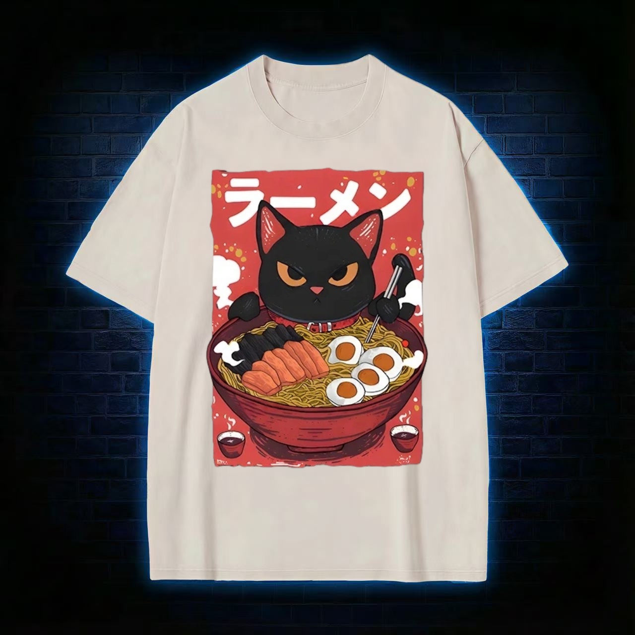 Ramen Black Cat Anime Style Washed T-shirt