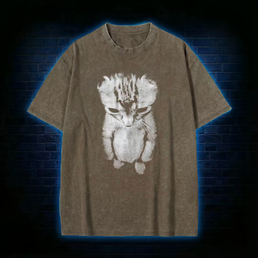 Mottled Cat Silhouette Casual T-shirt