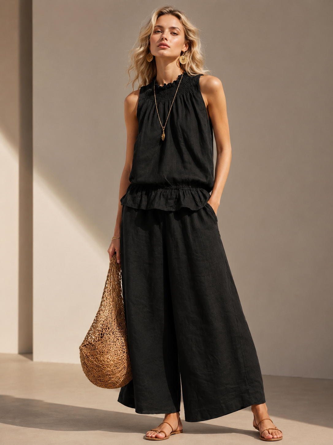Summer Chic Women's Matching Set – Relaxed Sleeveless Top + Palazzo Pants