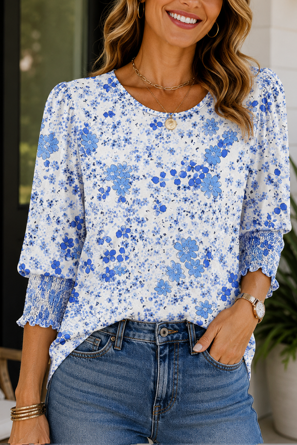 Women Dressy Casual 3/4 Length Sleeve Blouses with Smocked Cuffs