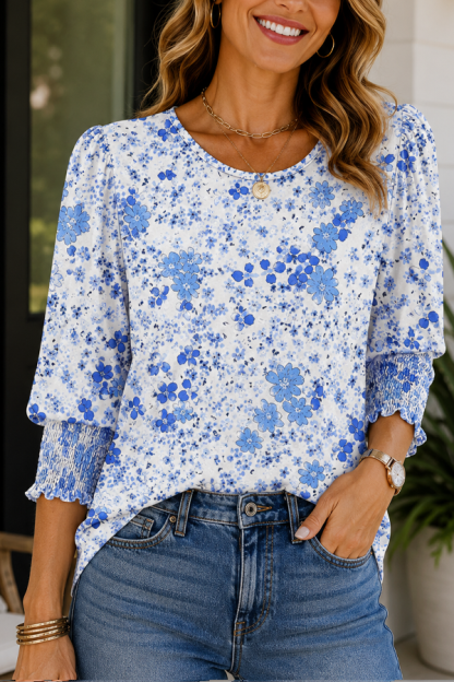 Women Dressy Casual 3/4 Length Sleeve Blouses with Smocked Cuffs