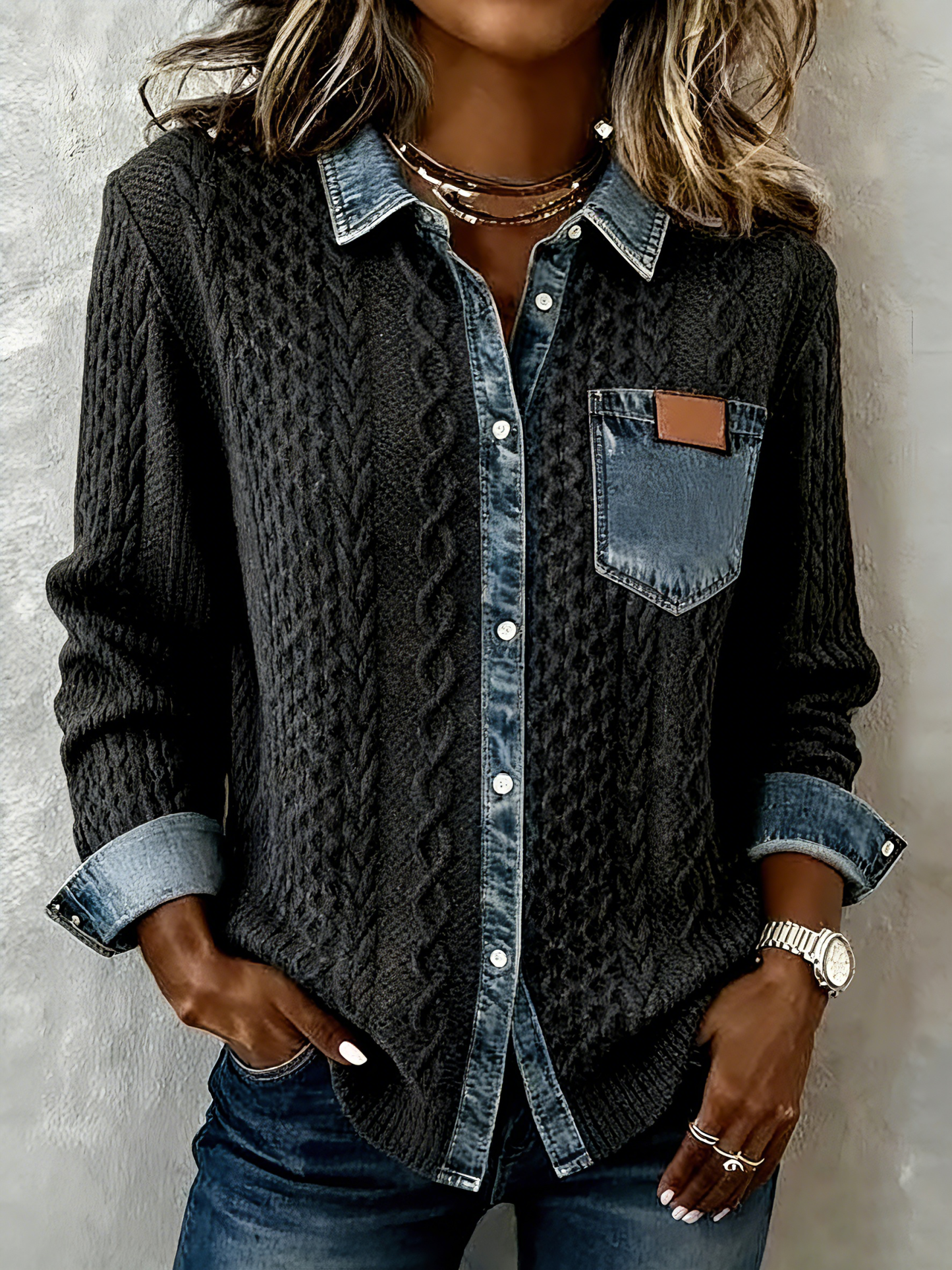 🎄Clearance Sale🔥 Women's Retro Knitted Denim Shirt