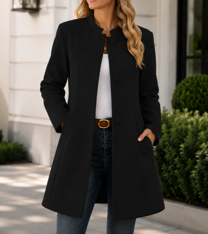 Women’s Elegant Stand Collar Longline Coat with Button Front
