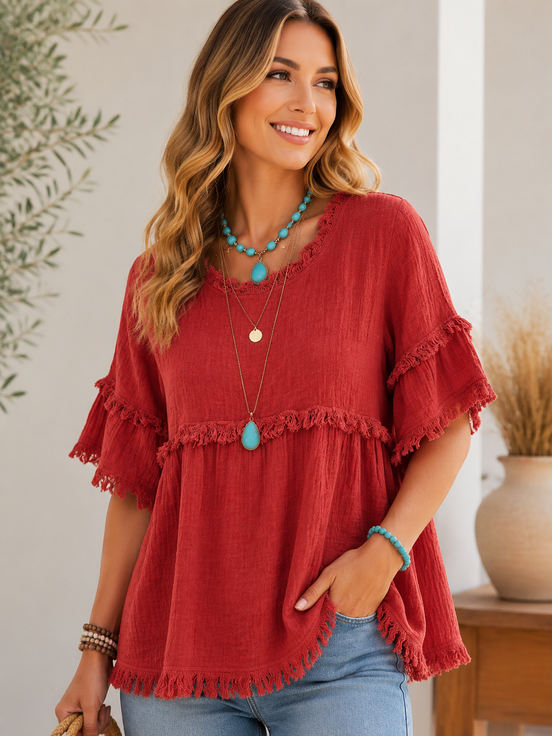 Boho Summer Blouse for Women – Relaxed Fit Ruffle Top (60% OFF Limited Sale)