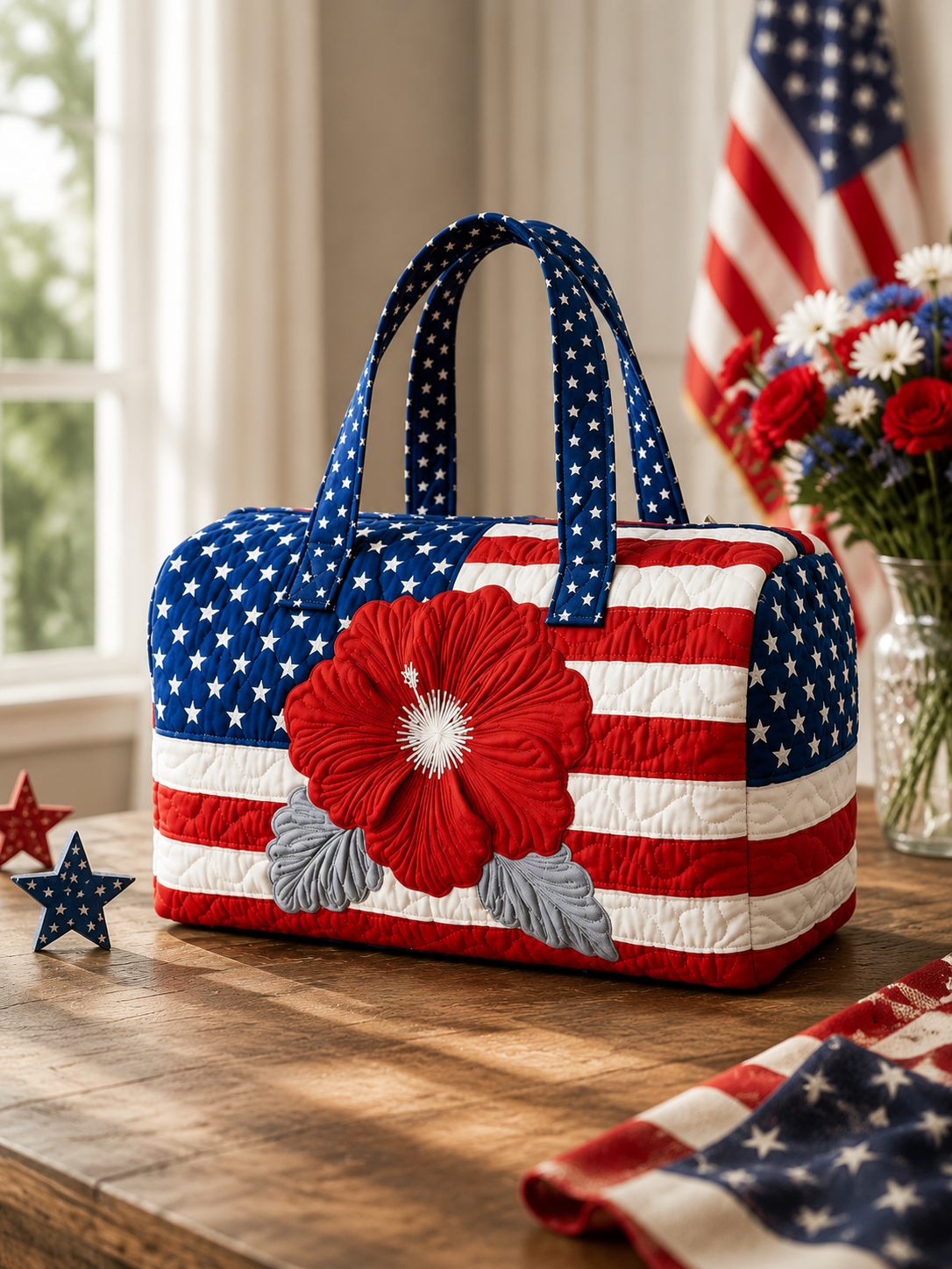 Quilted American Flag Duffel Bag | Weekender Travel Bag for Women America 250