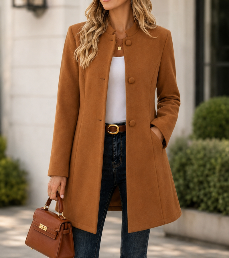 Women’s Elegant Stand Collar Longline Coat with Button Front