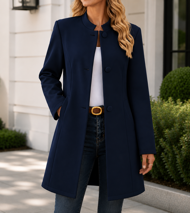 Women’s Elegant Stand Collar Longline Coat with Button Front