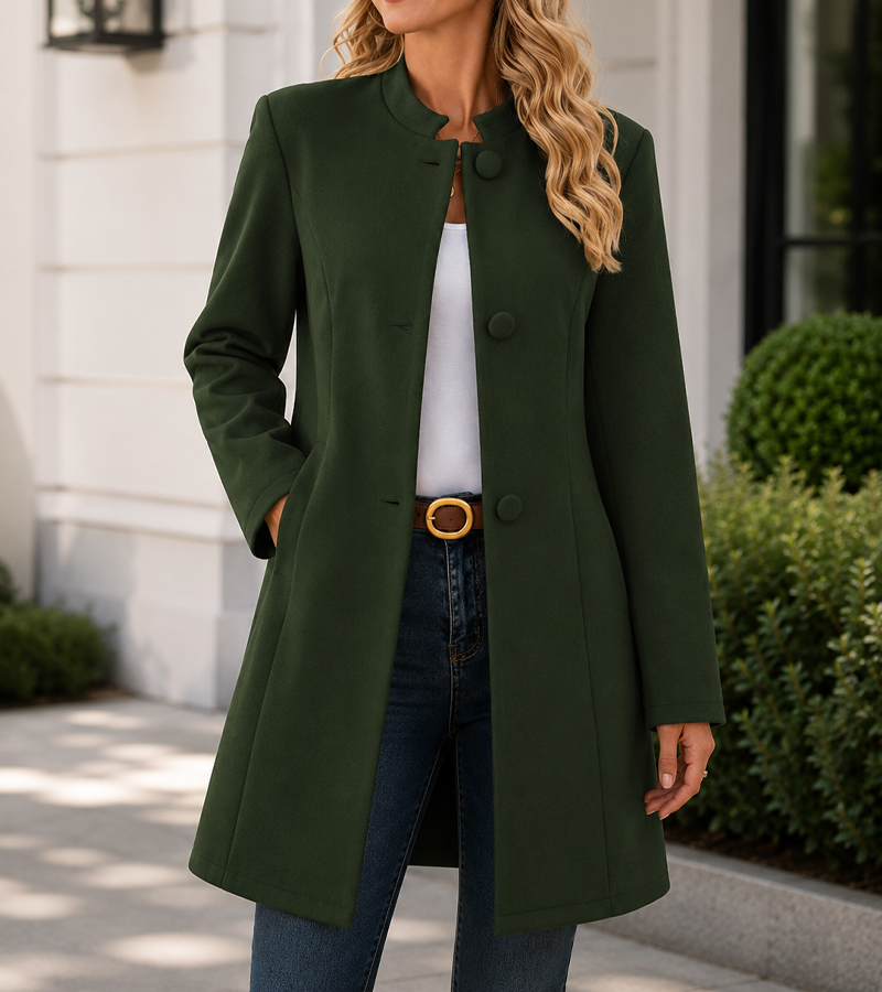 Women’s Elegant Stand Collar Longline Coat with Button Front