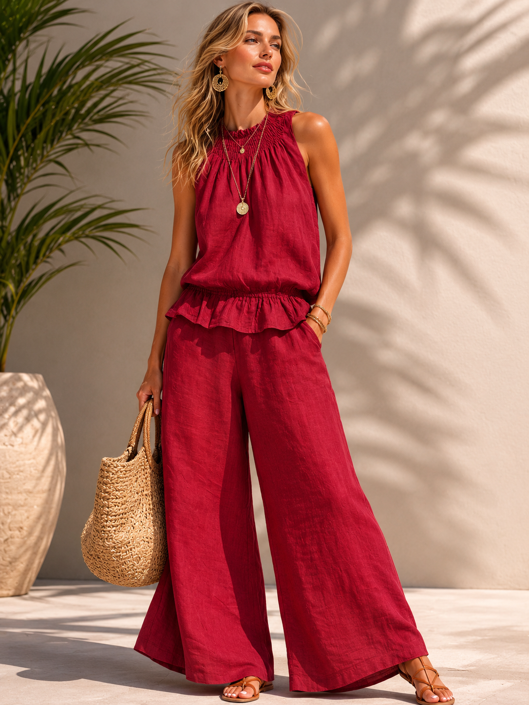 Summer Chic Women's Matching Set – Relaxed Sleeveless Top + Palazzo Pants