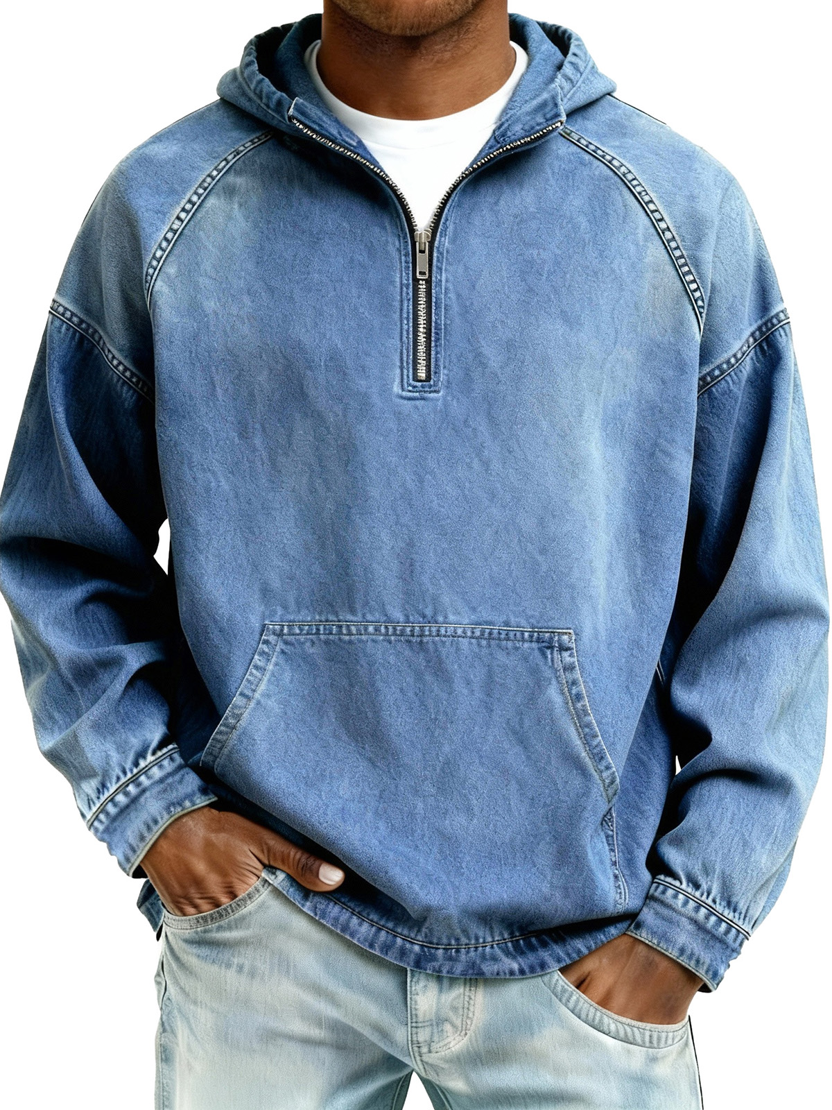 Men's Retro Fashion Distressed Raglan Sleeve Pocket Hooded Sweatshirt