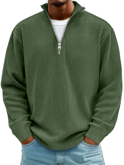 Men's Simple Casual Ribbed Stand Collar Zipper Long Sleeve Sweatshirt