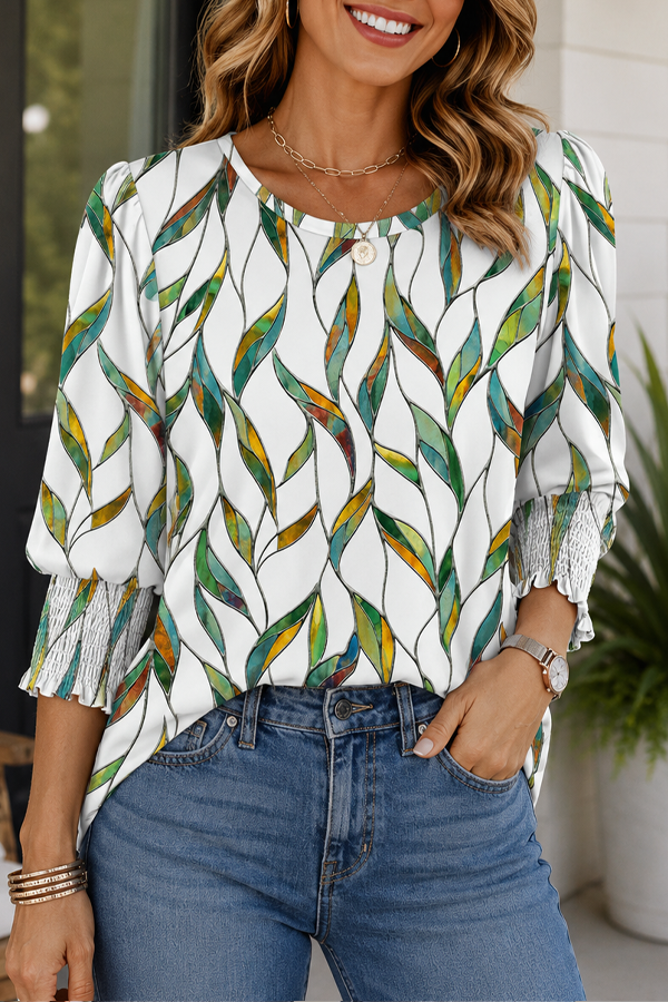Women Dressy Casual 3/4 Length Sleeve Blouses with Smocked Cuffs