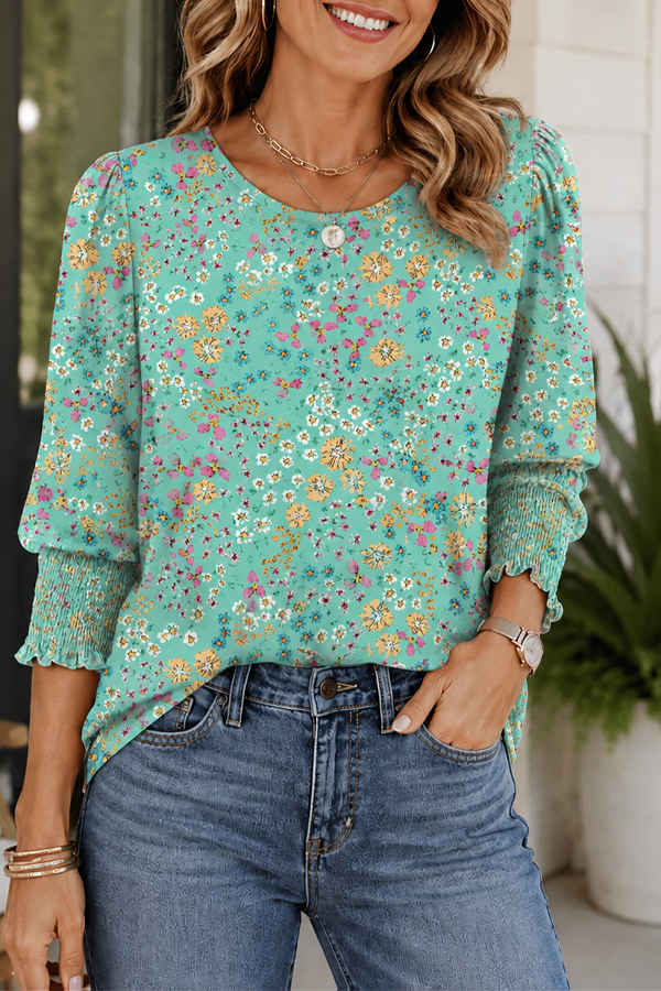 Women Dressy Casual 3/4 Length Sleeve Blouses with Smocked Cuffs