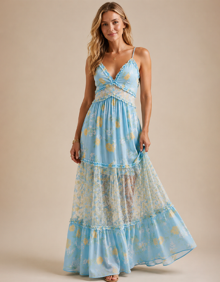 Women’s Boho Floral Maxi Dress – Summer V Neck Flowing Dress