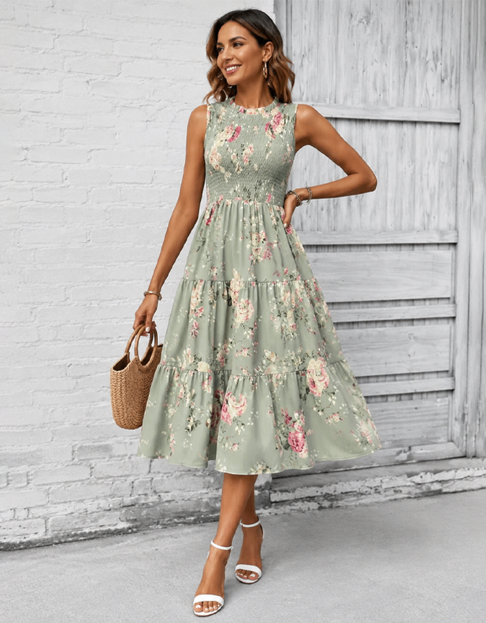 Floral Sleeveless Midi Dress – Boho Smocked Waist Summer Dress for Women