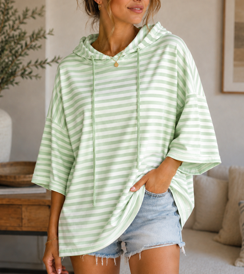Coastal Stripe Oversized Hooded Pullover – Relaxed 3/4 Sleeve Top