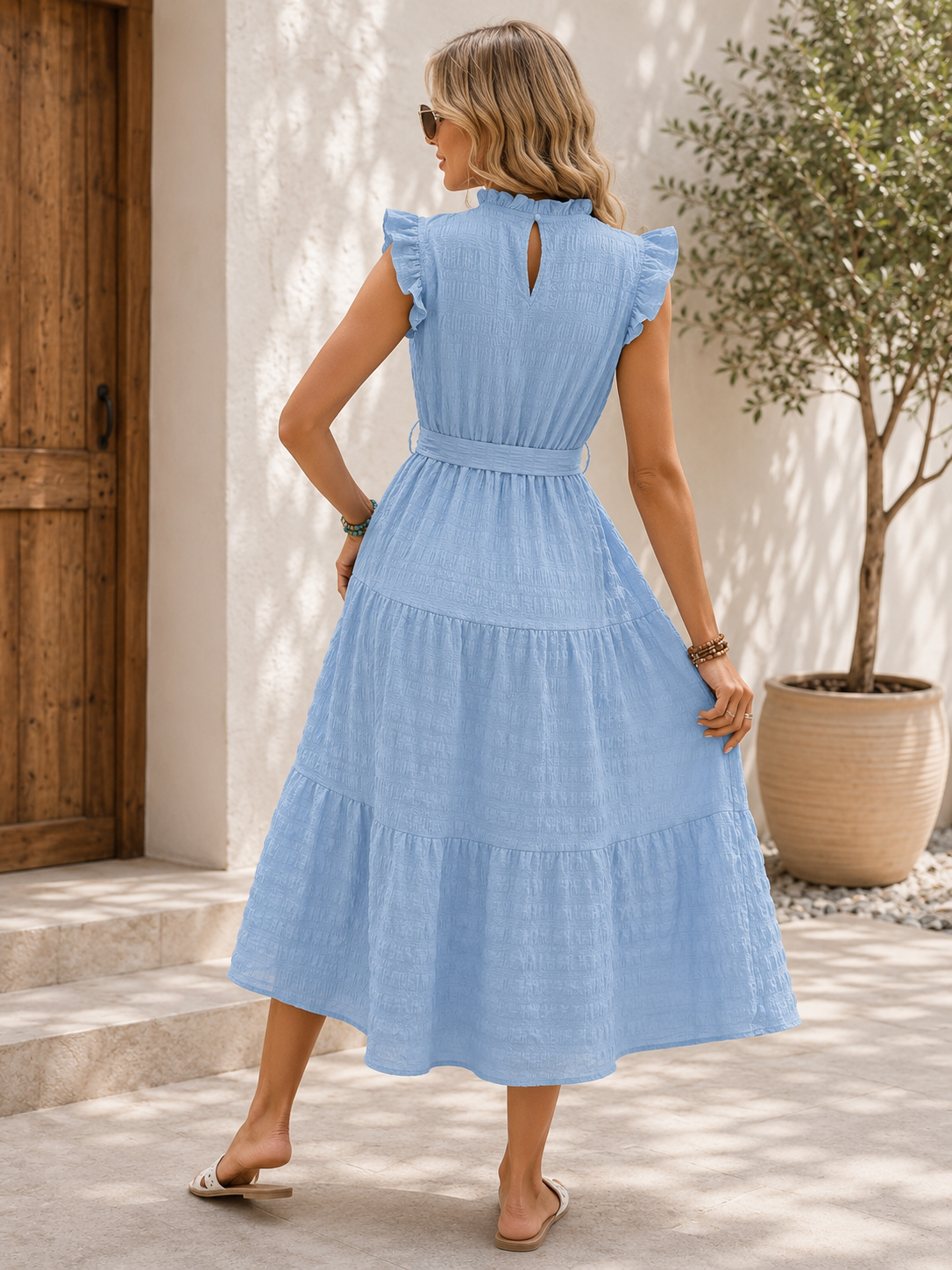 Elegant Ruffle Sleeve Midi Dress for Women – Flattering Tie Waist Design