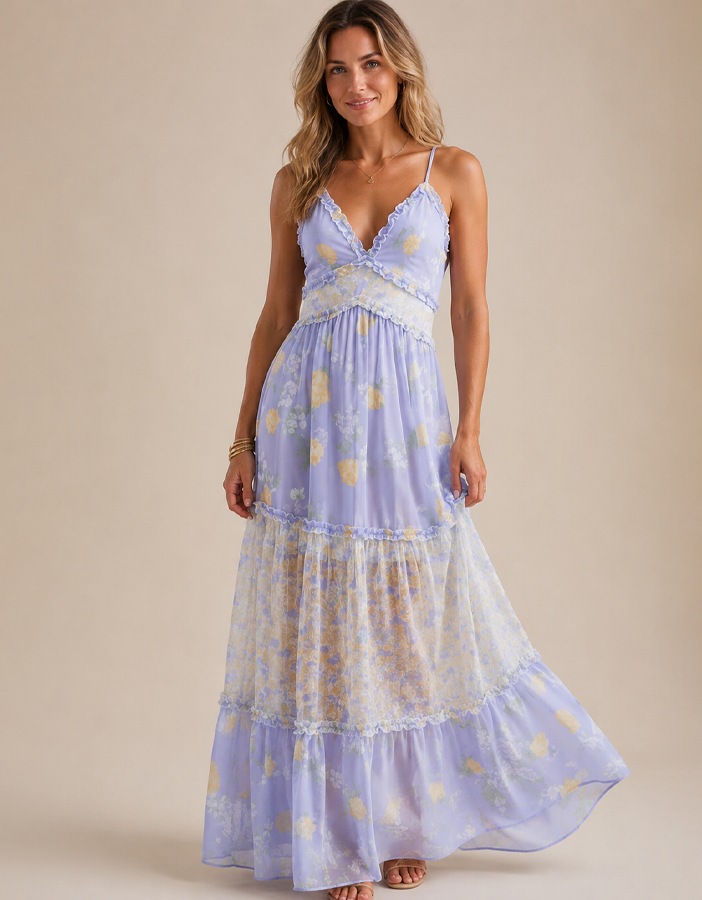 Women’s Boho Floral Maxi Dress – Summer V Neck Flowing Dress