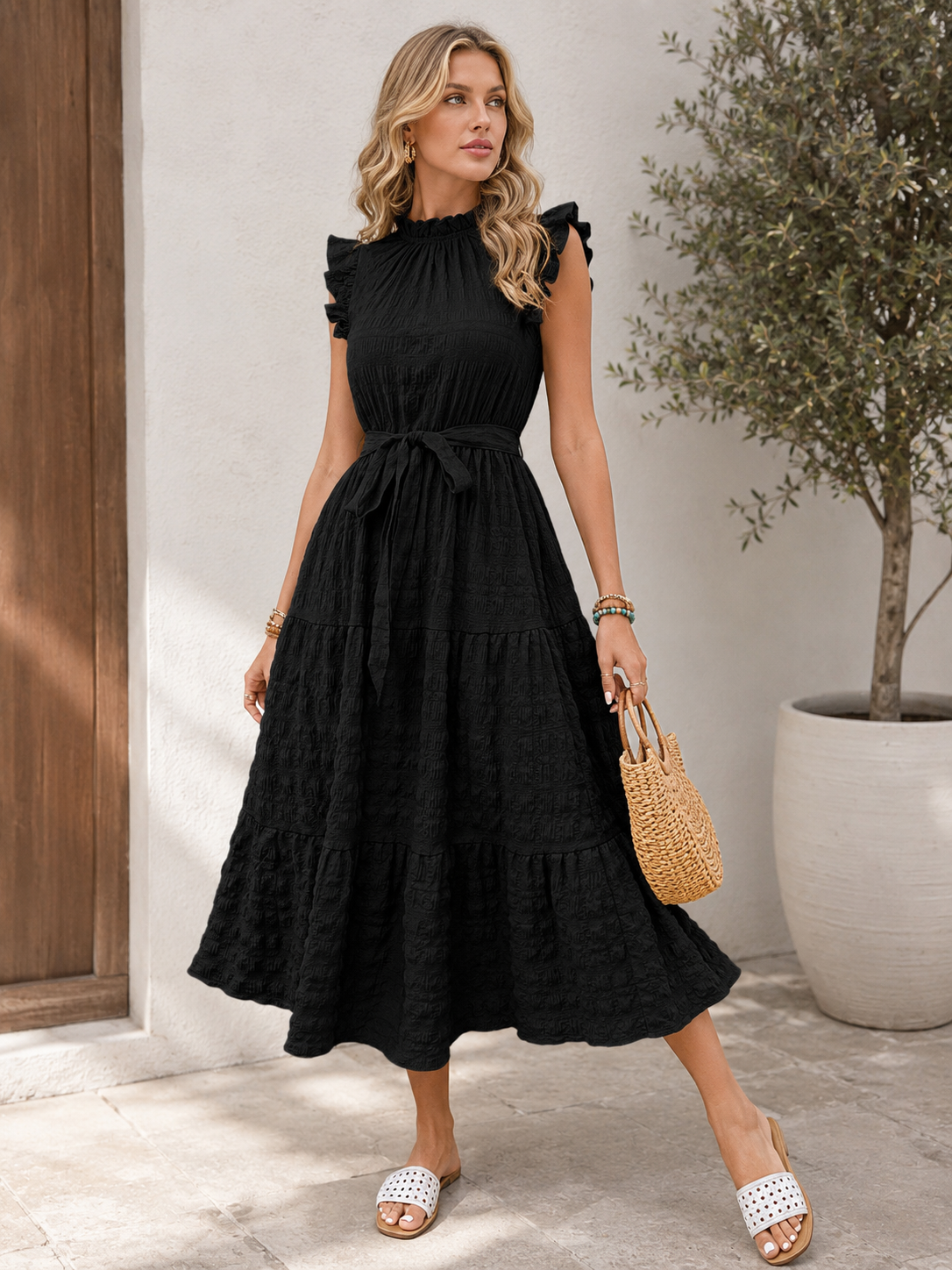 Elegant Ruffle Sleeve Midi Dress for Women – Flattering Tie Waist Design