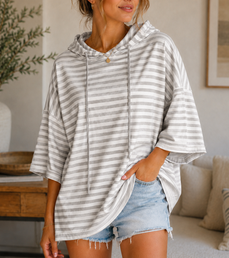 Coastal Stripe Oversized Hooded Pullover – Relaxed 3/4 Sleeve Top