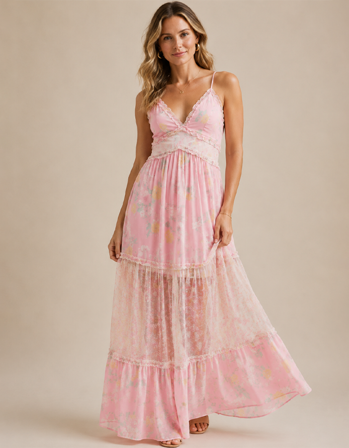 Women’s Boho Floral Maxi Dress – Summer V Neck Flowing Dress