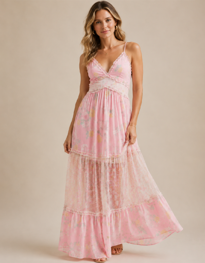 Women’s Boho Floral Maxi Dress – Summer V Neck Flowing Dress