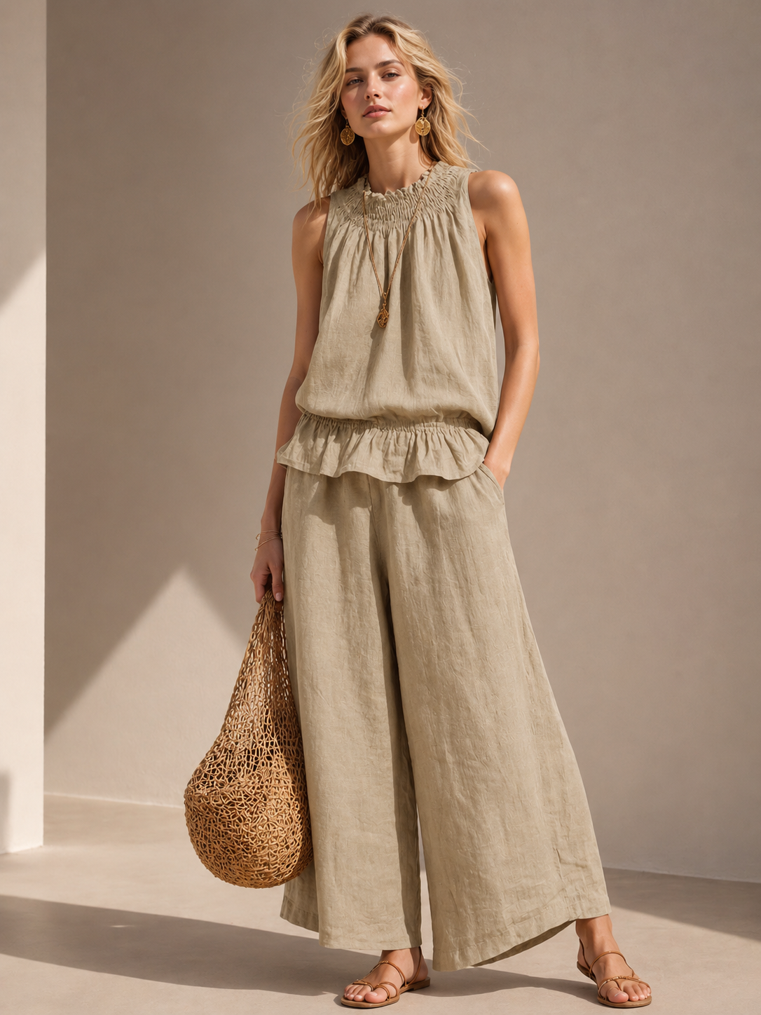 Summer Chic Women's Matching Set – Relaxed Sleeveless Top + Palazzo Pants