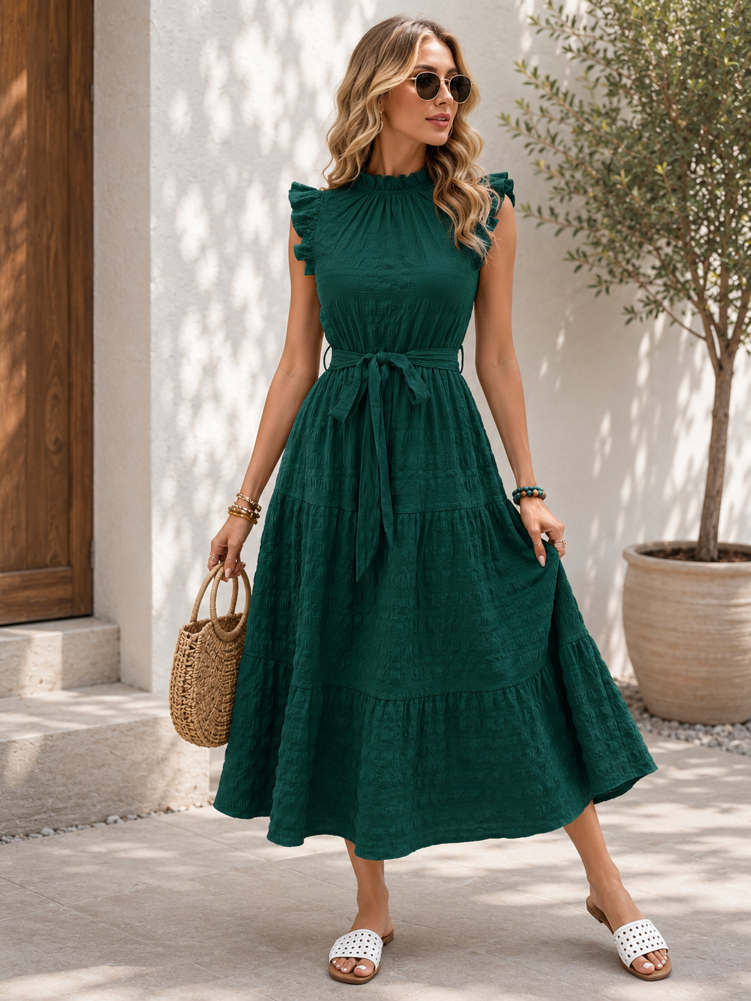Elegant Ruffle Sleeve Midi Dress for Women – Flattering Tie Waist Design