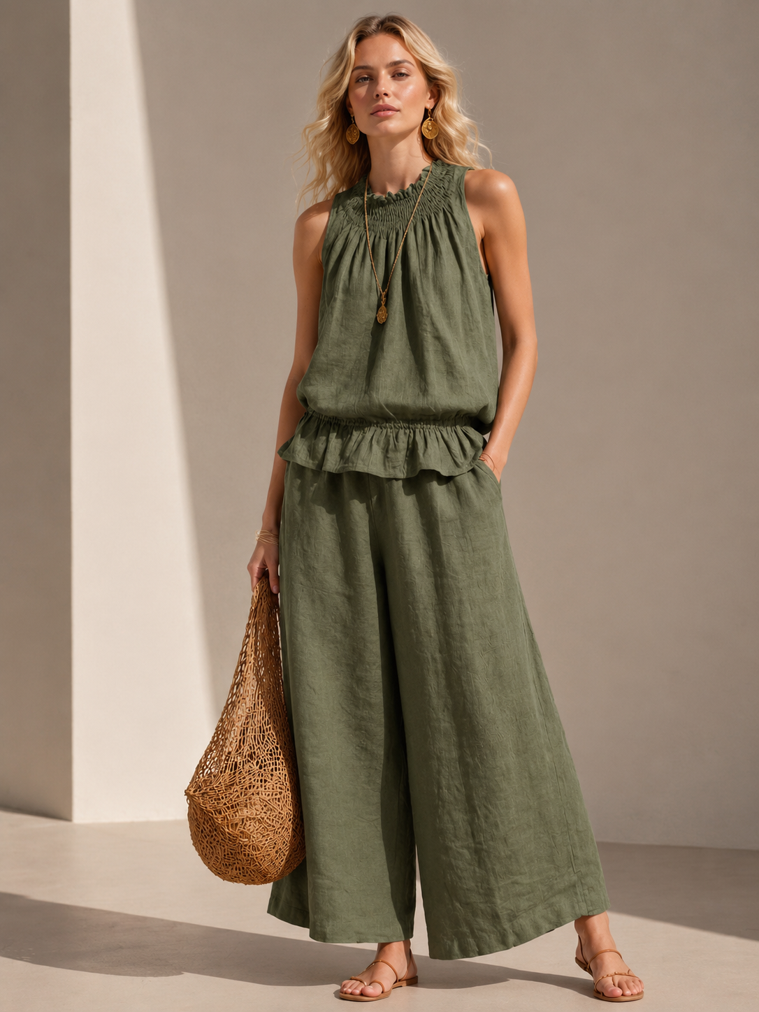 Summer Chic Women's Matching Set – Relaxed Sleeveless Top + Palazzo Pants
