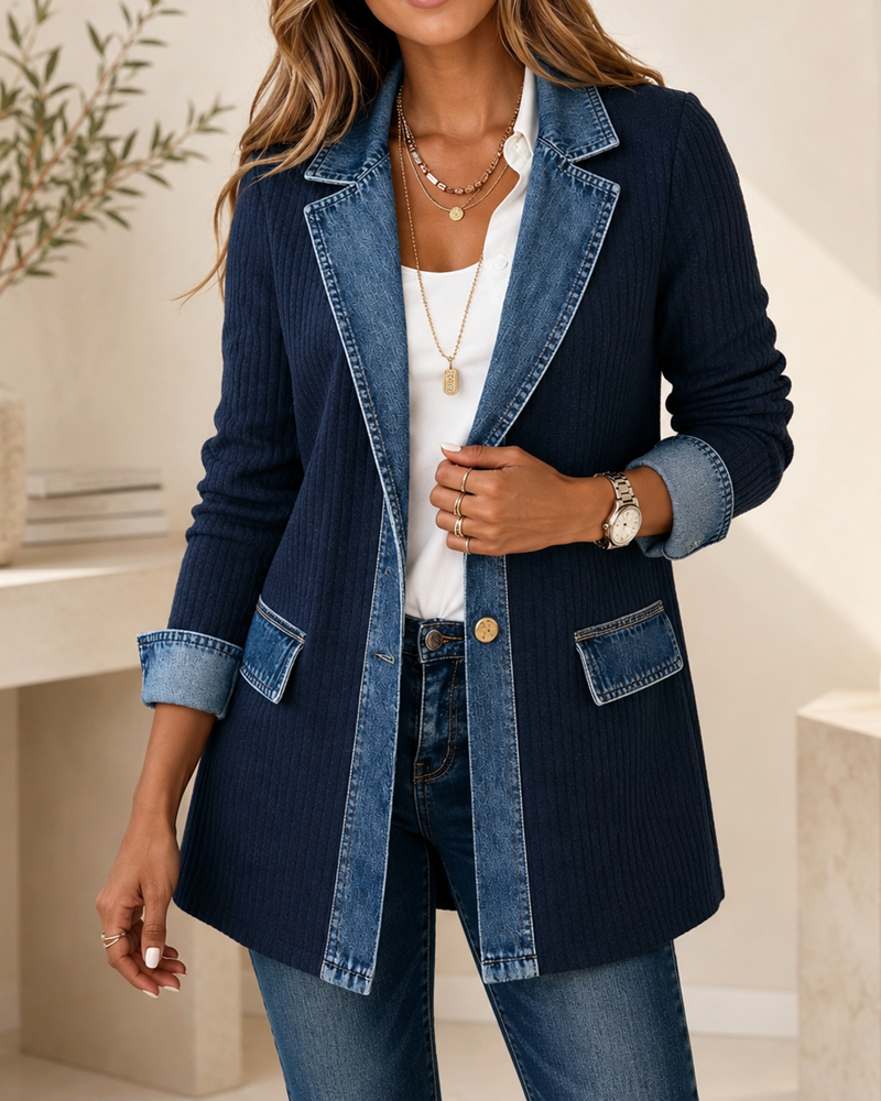 Women’s Denim-Trim Ribbed Knit Longline Blazer Jacket
