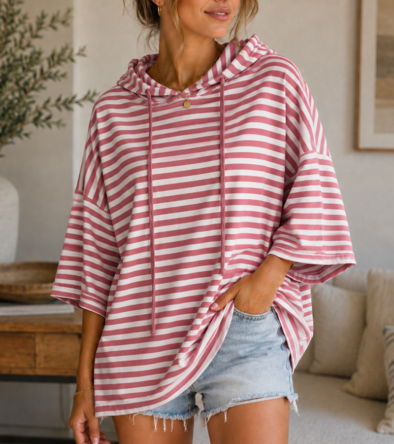 Coastal Stripe Oversized Hooded Pullover – Relaxed 3/4 Sleeve Top