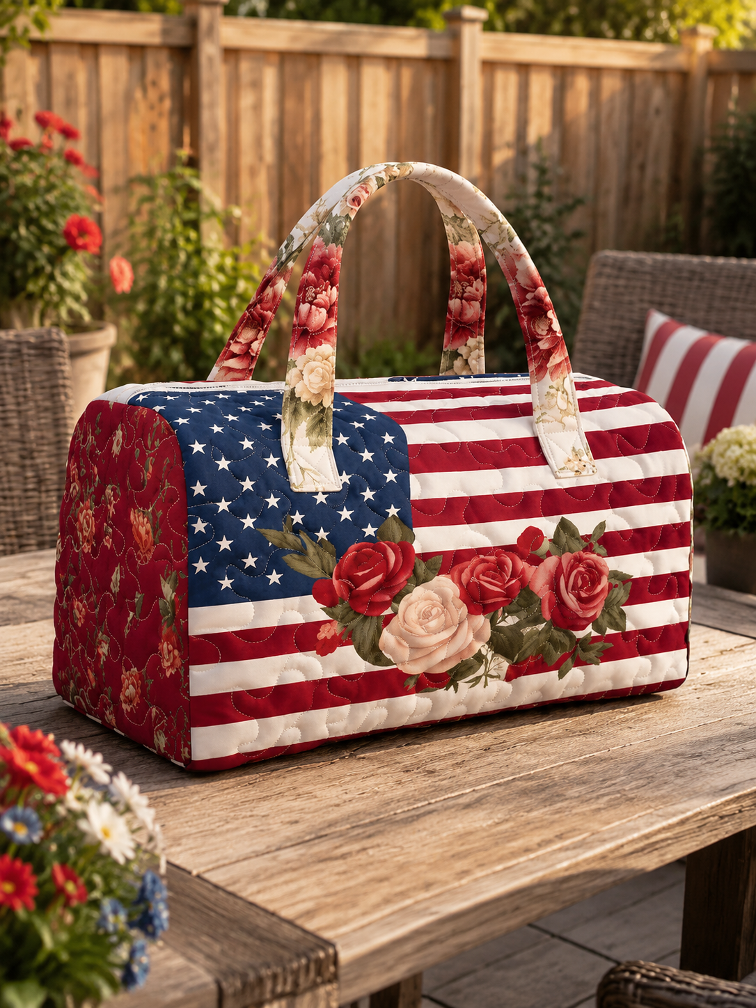Quilted American Flag Duffel Bag | Weekender Travel Bag for Women America 250
