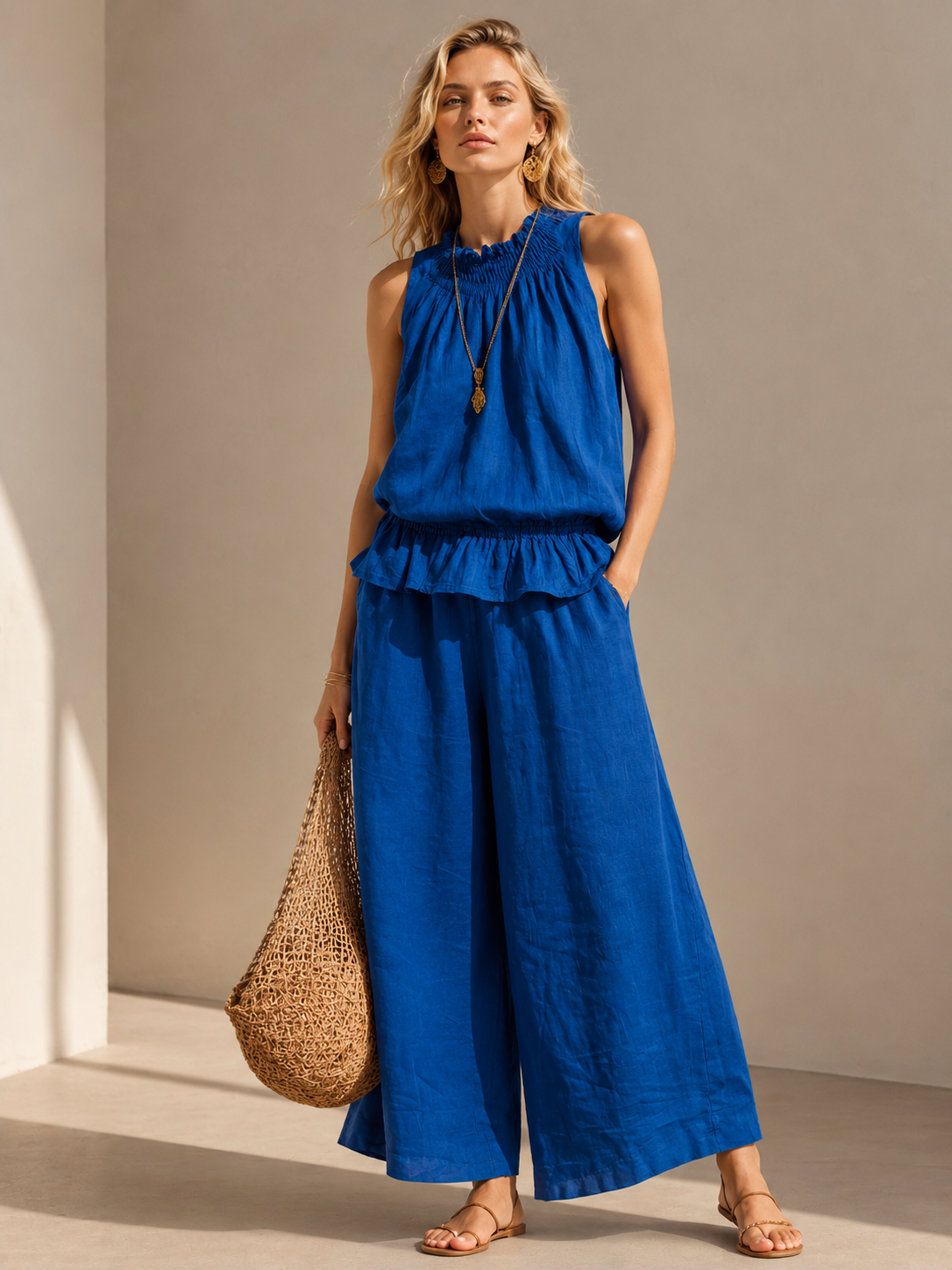 Summer Chic Women's Matching Set – Relaxed Sleeveless Top + Palazzo Pants