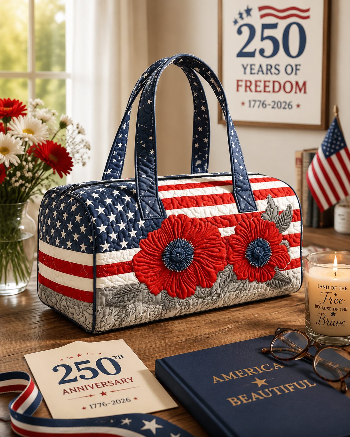 Quilted American Flag Duffel Bag | Weekender Travel Bag for Women America 250