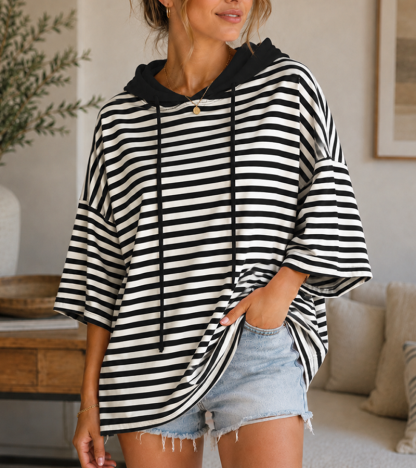 Coastal Stripe Oversized Hooded Pullover – Relaxed 3/4 Sleeve Top