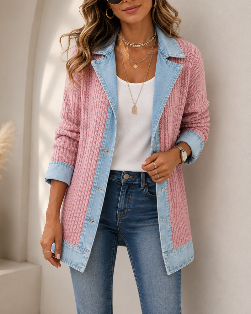 Women’s Denim-Trim Ribbed Knit Longline Blazer Jacket