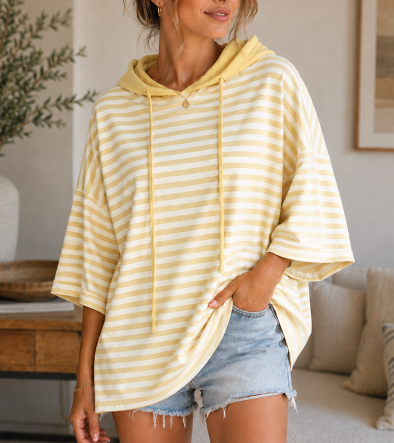 Coastal Stripe Oversized Hooded Pullover – Relaxed 3/4 Sleeve Top