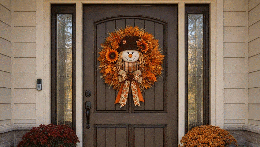 Animated view of the scarecrow fall wreath