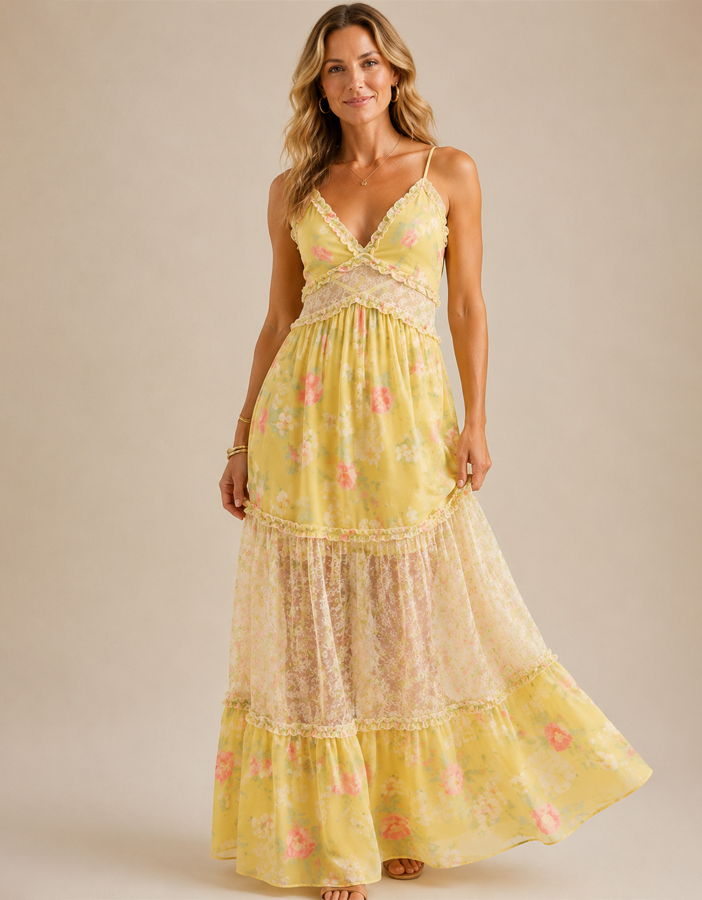 Women’s Boho Floral Maxi Dress – Summer V Neck Flowing Dress