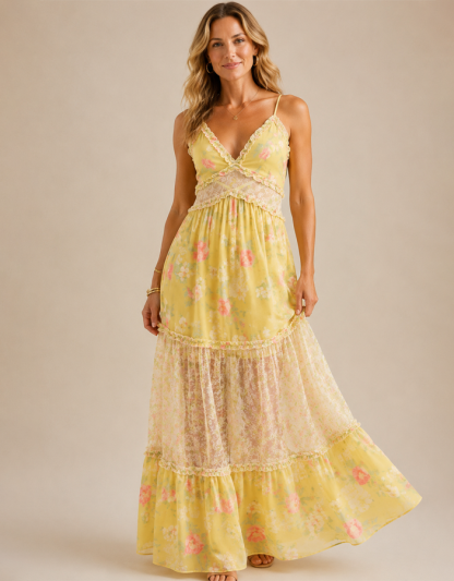 Women’s Boho Floral Maxi Dress – Summer V Neck Flowing Dress