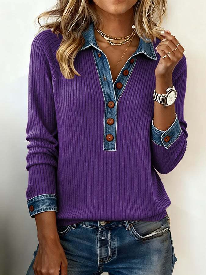Women'S Contrasting Knitted Lapel Top