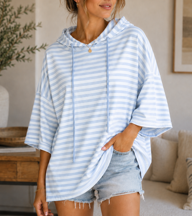 Coastal Stripe Oversized Hooded Pullover – Relaxed 3/4 Sleeve Top
