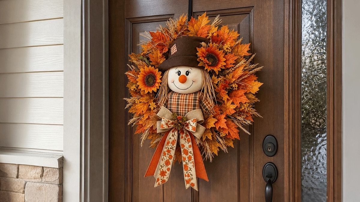 Lighted scarecrow fall wreath displayed on a front door