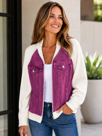 60% OFF Women’s Contrast-Sleeve Denim Zip Jacket – Casual Colorblock Layer