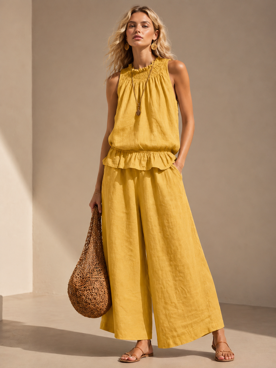 Summer Chic Women's Matching Set – Relaxed Sleeveless Top + Palazzo Pants