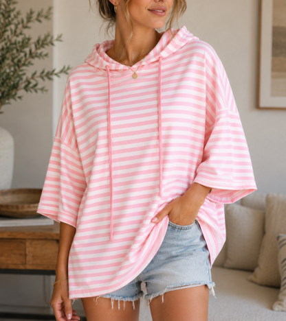 Coastal Stripe Oversized Hooded Pullover – Relaxed 3/4 Sleeve Top