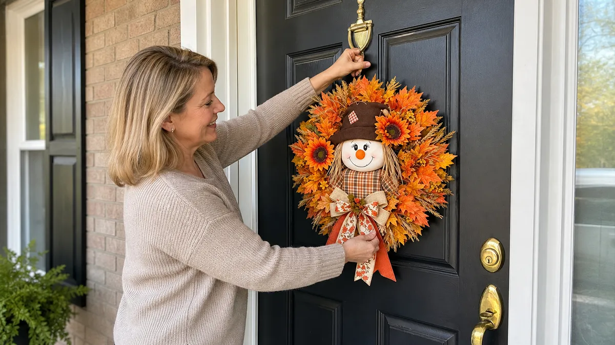 Woman hanging the scarecrow fall wreath on a black front door
