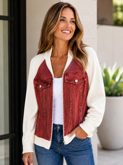 60% OFF Women’s Contrast-Sleeve Denim Zip Jacket – Casual Colorblock Layer