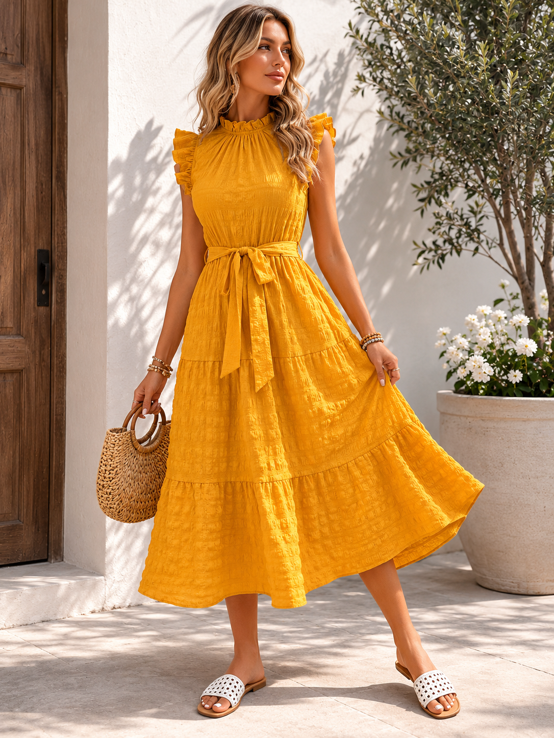 Elegant Ruffle Sleeve Midi Dress for Women – Flattering Tie Waist Design